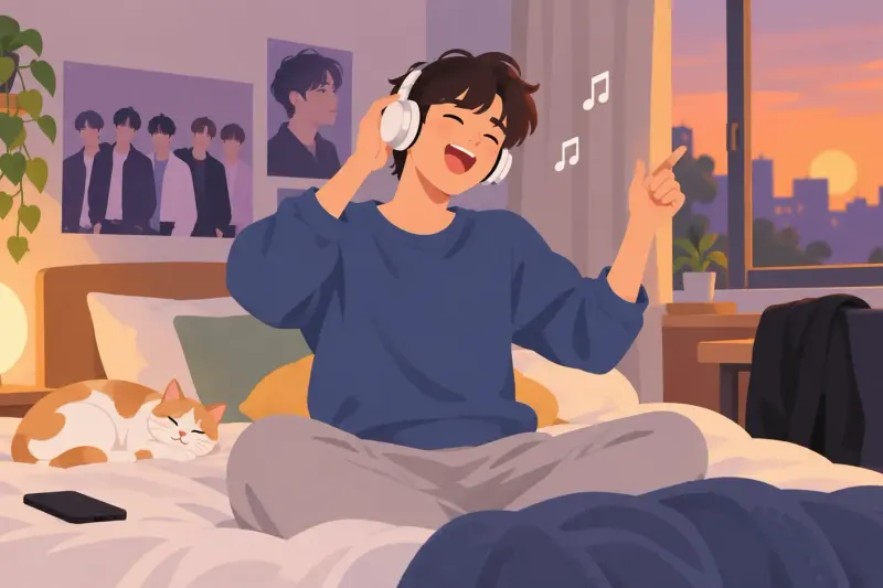 Yigit xonasida quloqchin bilan K-pop tinglab, qo'shiqqa jo'r bo'lmoqda.
