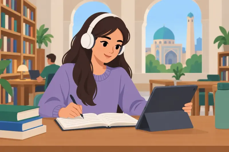 Qiz kutubxonada qo'shiqni tinglab, daftariga yangi so'zlarni yozmoqda.
